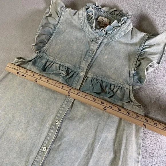 Entro Dress Womens Small Blue Denim Ruffle High Neck Button Up Shirt Dress NEW - Picture 5 of 12
